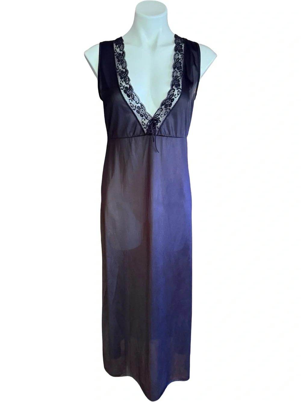 Glencroft Black Nylon Lace V-Neck Maxi Nightgown Vintage 60s M - Picture 4 of 11